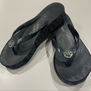 Michael Kors Flip Flop Wedge Sandal Size 6M Black & Gray with Silver MK accents.